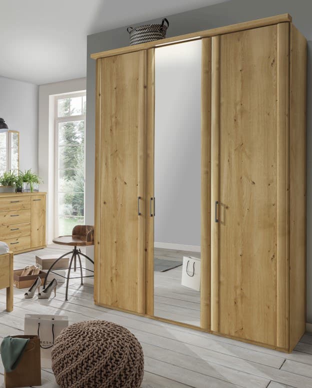 Drehtürenschrank - B ca. 150 cm, Bianco-Eiche Nachbildung, Mittig Kristallspiegel