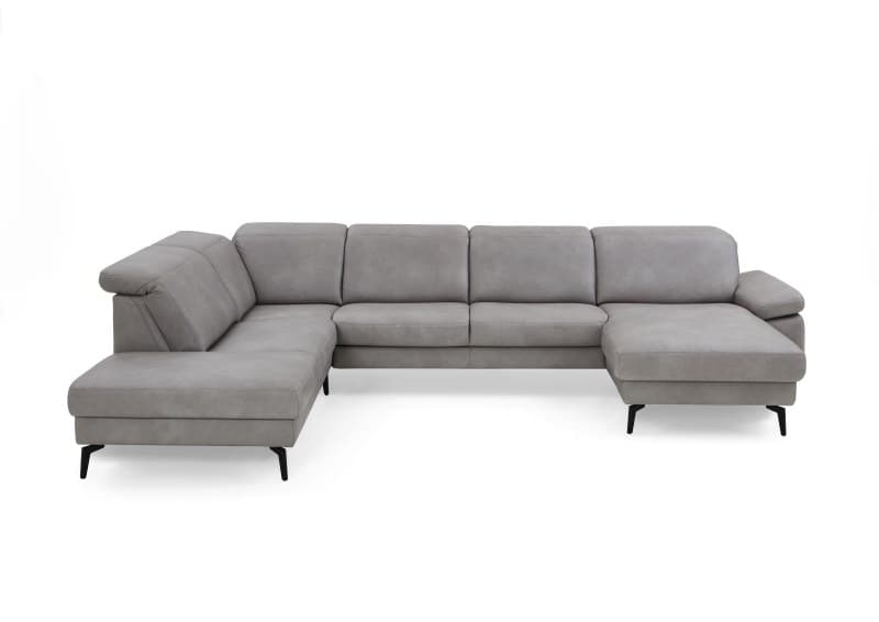 Wohnlandschaft - Ecke links mit 2,5-Sitzer und Longchair rechts, Kopfteil verstellbar, Leder, Alufarben