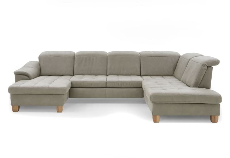 Wohnlandschaft - Longchair links mit 2,5-Sitzer und Ecke rechts, Kopfteil verstellbar, Stoff, Platin