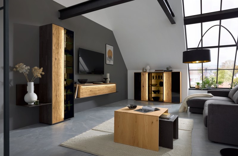 Couchtischkombi - LBH ca. 65x65x46 cm + LBH ca. 45x45x37 cm, Asteiche massiv - schwarz geölt
