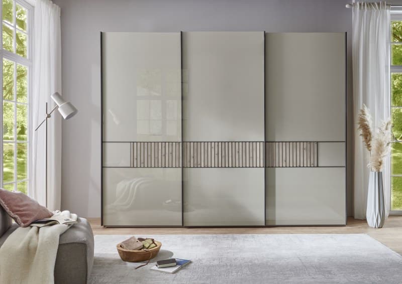 Schwebetürenschrank - B ca. 300 cm, Querriegel mit Lamellen, Glas Kieselgrau