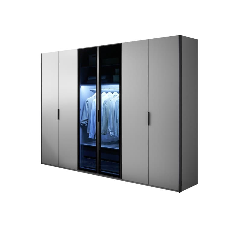 Drehtürenschrank EM Lascala 6-türig -  mit Beleuchtung und Schubkasteneinsatz, B. ca. 300 cm, seidengrau, Glas