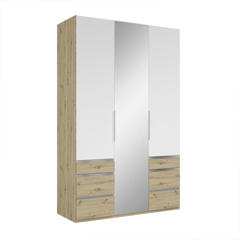 Drehtürenschrank- B ca. 150 cm, Eiche Dekor, Weiß, Spiegel