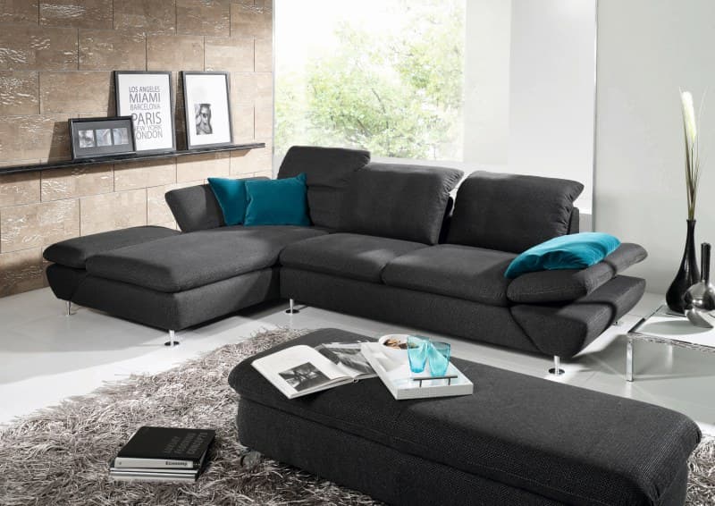 Ecksofa - 2-Sitzer mit Ecke rechts, Sitztiefe verstellbar, Stoff, Schwarz