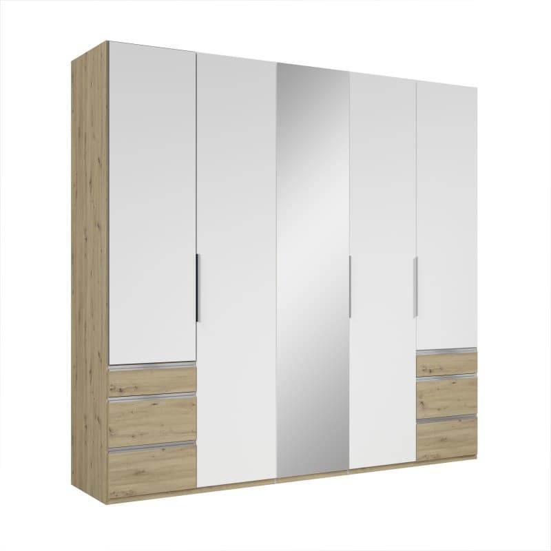 Drehtürenschrank- B ca. 250 cm, Eiche Dekor, Weiß, Spiegel