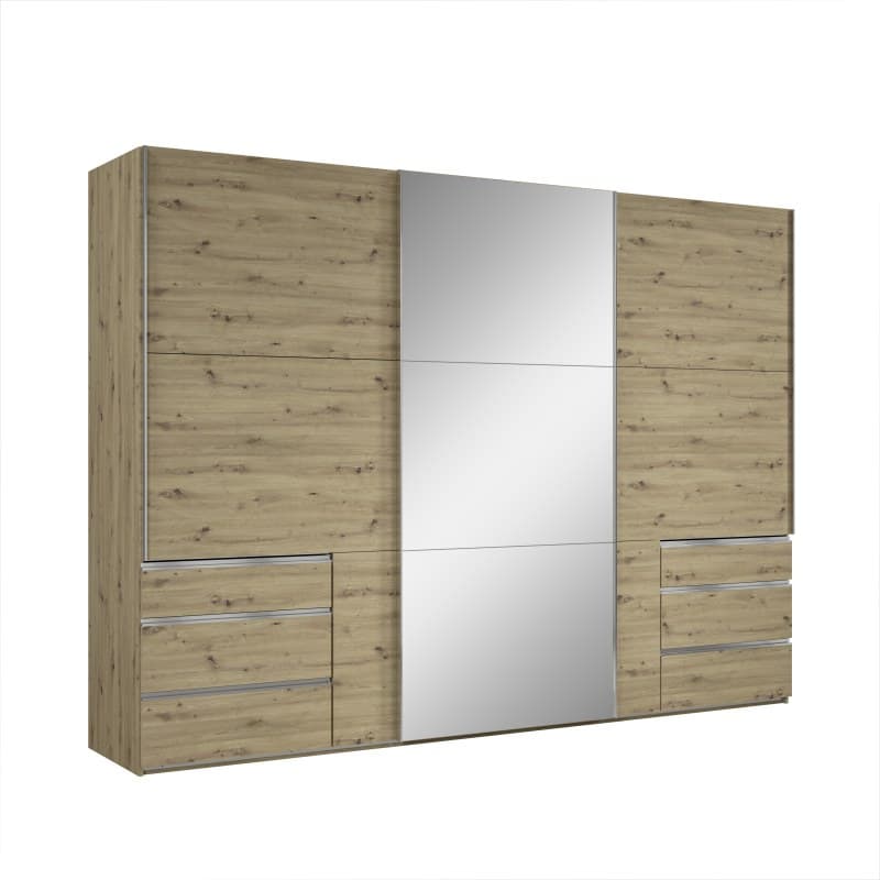 Schwebetürenschrank- B 300 cm, Eiche Dekor, Spiegel