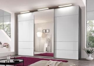 Schwebetürenschrank - B. ca. 280 cm, Dekor Vulkan, Alpinweißglas, Kristallspiegel