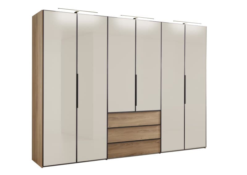 Drehtürenschrank - B. ca. 298 cm, Eiche Dekor, Glasfronten Sand