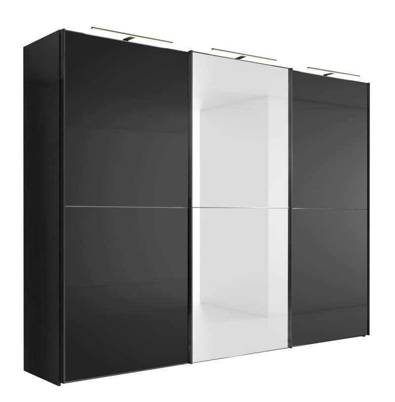Schwebetürenschrank 3-türig EM Armadio - mit Beleuchtung,  B. ca. 280 cm, Dekor anthrazit, Anthrazitglas, Kristallspiegel