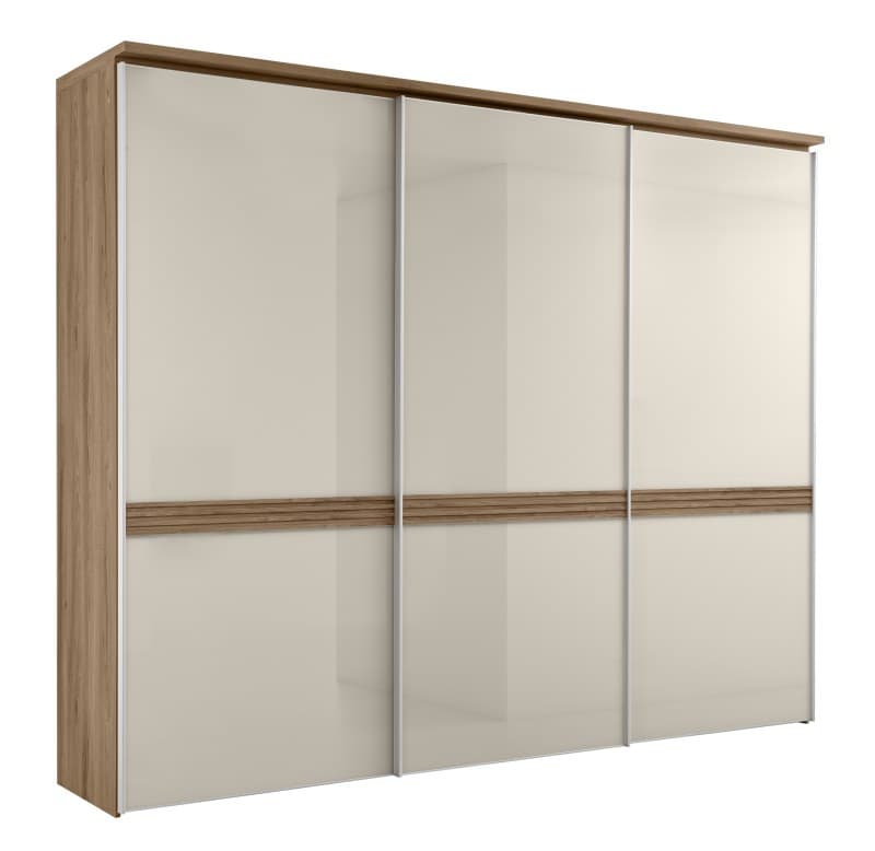 Schwebetürenschrank 3-türig EM Armadio - mit Dekorkranz,  B. ca. 280 cm, Dekor Trentino Eiche, Elfenbeinglas