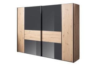 Schwebetürenschrank - mittig Anthrazitglas, B. ca. 298 cm, Dekor Artisan Eiche