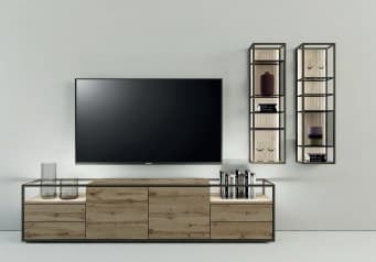 Wohnwand - Eiche furniert, mit Metallrahmen
