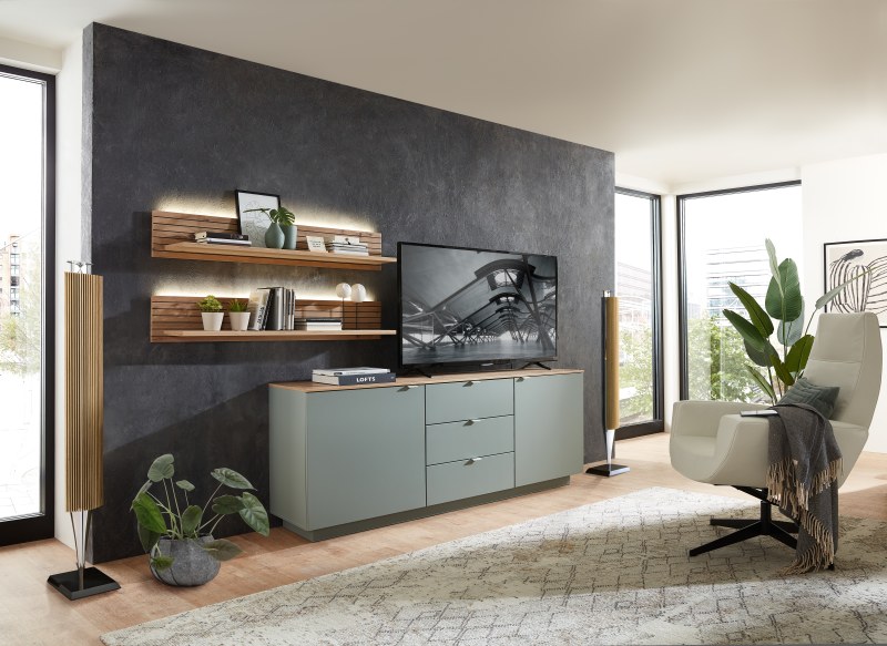 TV-Sideboard - Schilfgrün, Eiche Dekor