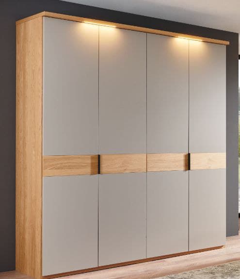 Drehtürenschrank - mit Kranzleiste, B. ca. 200 cm, Wildeiche, Lack, Sand