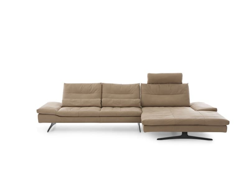 Ecksofa - 3-Sitzer mit Longchair rechts, Sitztiefe verstellbar, Leder, Sand