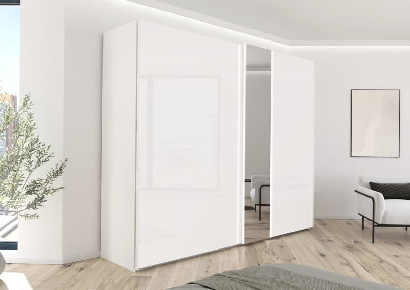 Schwebetürenschrank - inkl. Beleuchtung, B. ca. 271 cm, Spiegel, Farbglas Weiß