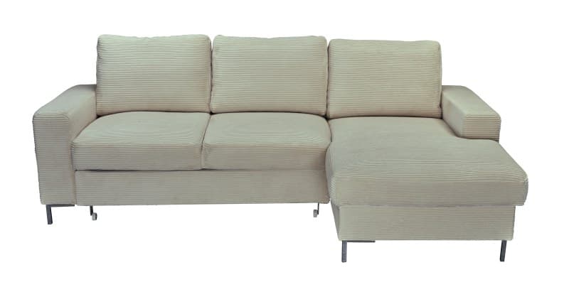 Ecksofa - 2-Sitzer mit Longchair rechts, Schlaffunktion mit Bettkasten, Stoff, Creme