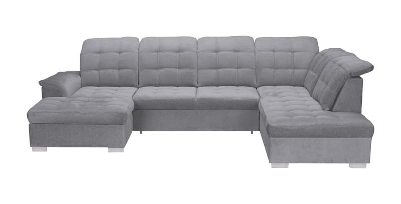 Wohnlandschaft - Longchair links, 1,5-Sitzer, Ecke rechts inkl. Schlaffunktion und Bettkasten, verstellbare Kopfstützen, Stoff, Grau