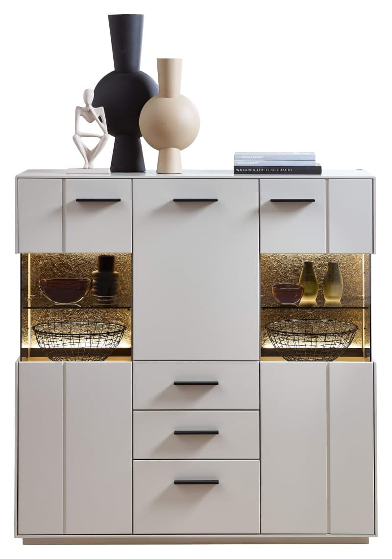 Highboard -  Creme Lack, Absetzung: Granit Steinfurnier