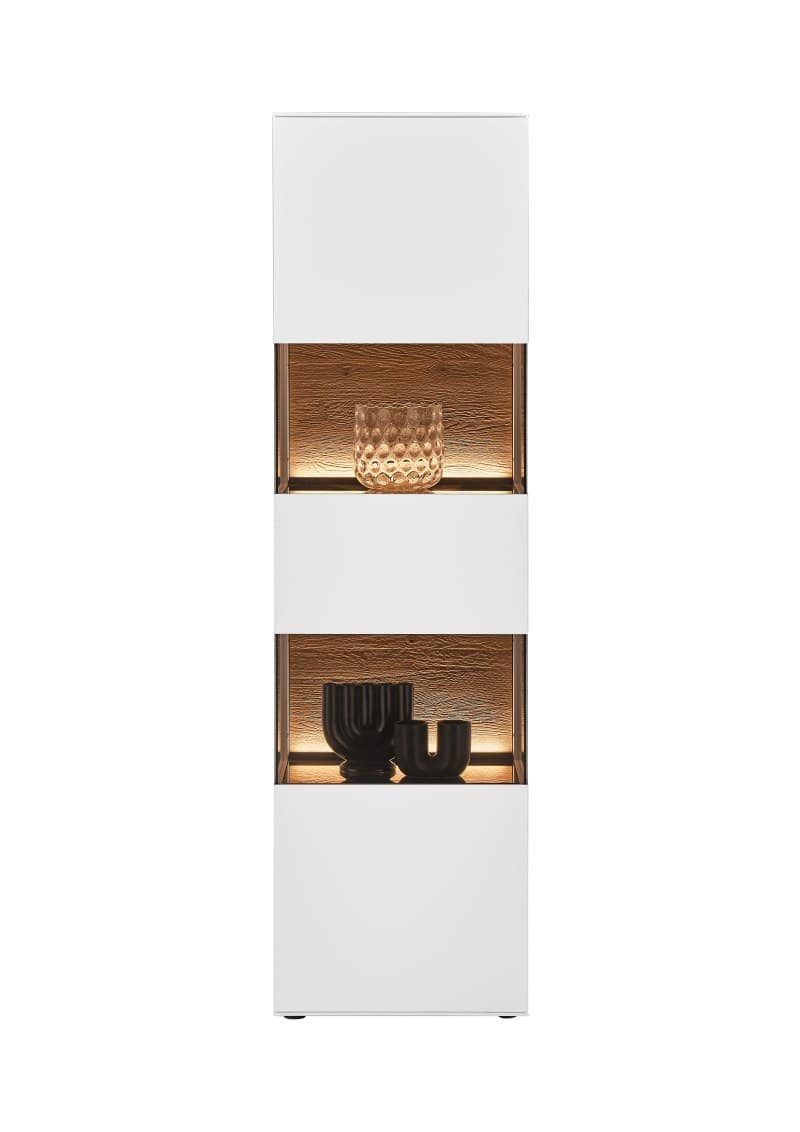 Vitrine - Birke massiv, Weiß lackiert, Applikation Kerneiche Umato