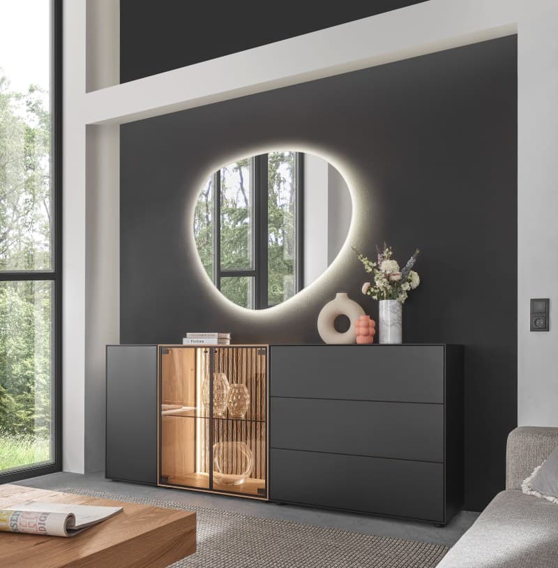 Sideboard - Birke massiv, Anthrazit lackiert, Applikation Kerneiche Natur