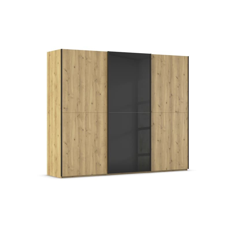 Schwebetürenschrank - B. ca. 271 cm, Front Asteiche massiv, Mitteltür Farbglas Schwarz