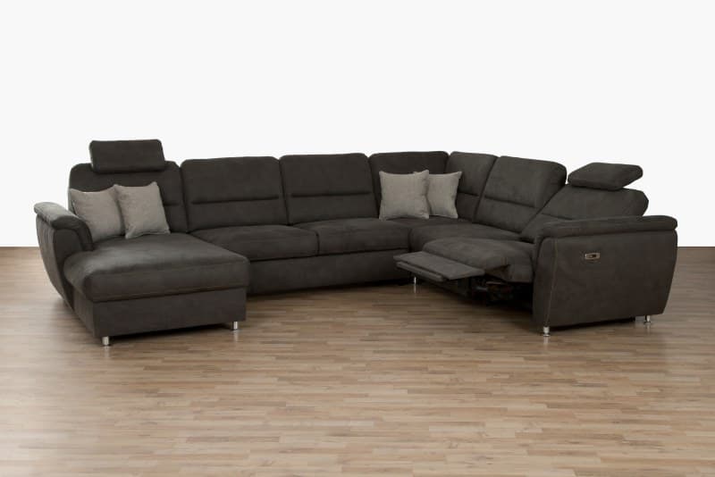 Wohnlandschaft - Longchair links, 3-Sitzer, Ecke rechts inkl. Schlaffunktion, Relaxfunktion, Kopfstützen, Stoff, Dunkelbraun