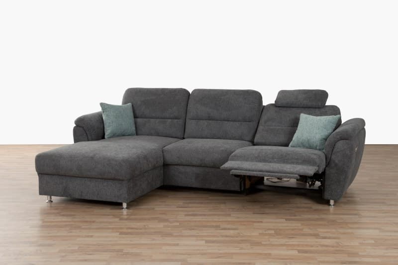 Ecksofa - Ecke link, 2-Sitzer inkl. elektrische Relaxfunktion, Kopfstütze, Stoff, Dunkelgrau