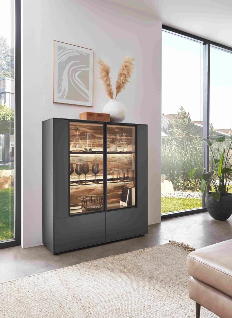 Highboard -  Lack Graphit, Absetzung Spaltholz massiv