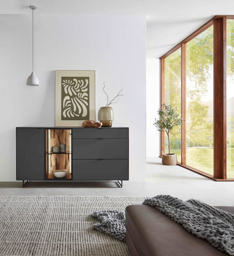 Sideboard -  Lack Graphit, Absetzung Spaltholz massiv