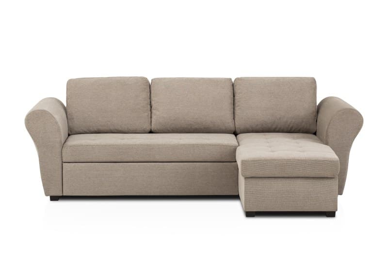 Ecksofa - 2-Sitzer mit Longchair rechts inkl. Schlaffunktion mit Bettkasten, Stoff, Trüffel