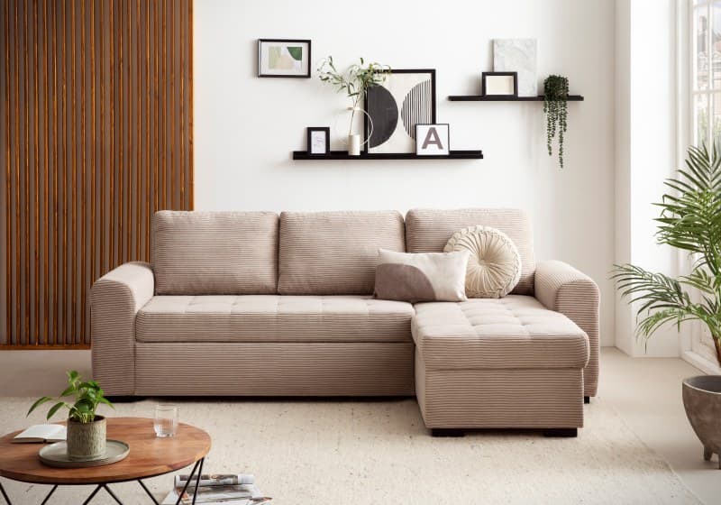 Ecksofa - 2-Sitzer, Ecke rechts inkl. Schlaffunktion mit Bettkasten, Stoff, Beige