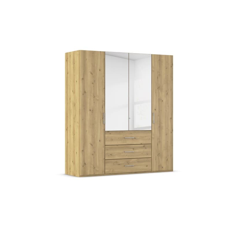 Drehtürenschrank - B. ca. 201 cm, mit Spiegeltüren und 3 Schubkästen, Fronten Asteiche Massiv