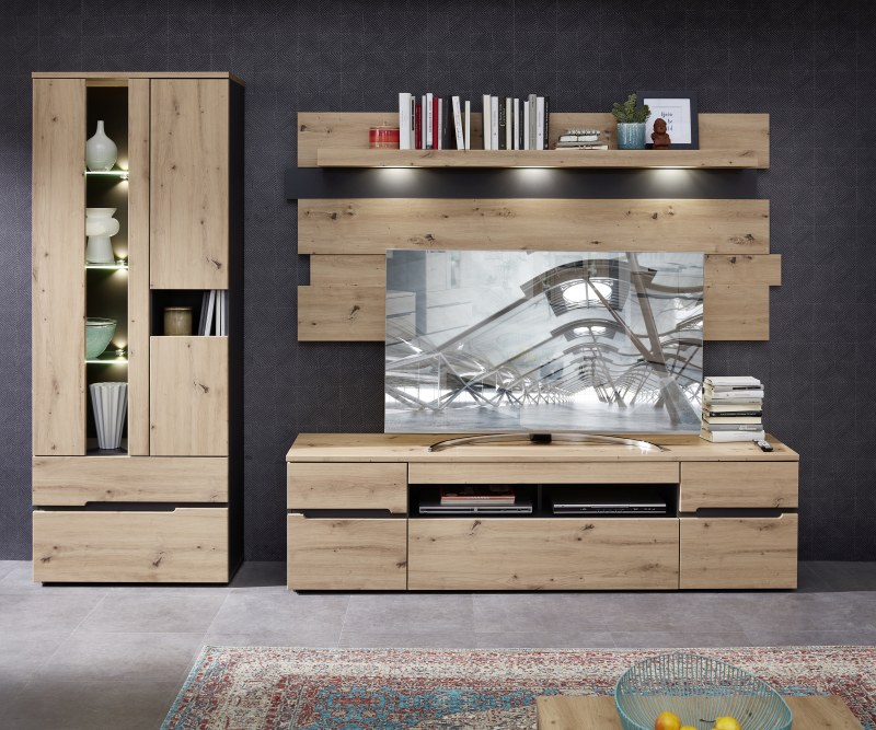 Wohnwand - mit Beleuchtung, Artisan Eiche Nachbildung, Graphit
