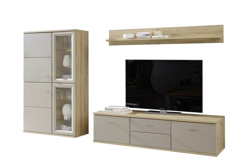 Wohnwand EM Locarno -  mit Wandboard, Beleuchtung, Rückwandschroppung, Grau, Risseiche