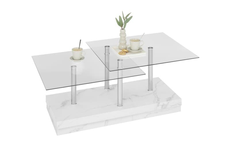 Couchtisch - LB ca. 110x60 cm, Glas, Edelstahloptik, Weiß marmoriert