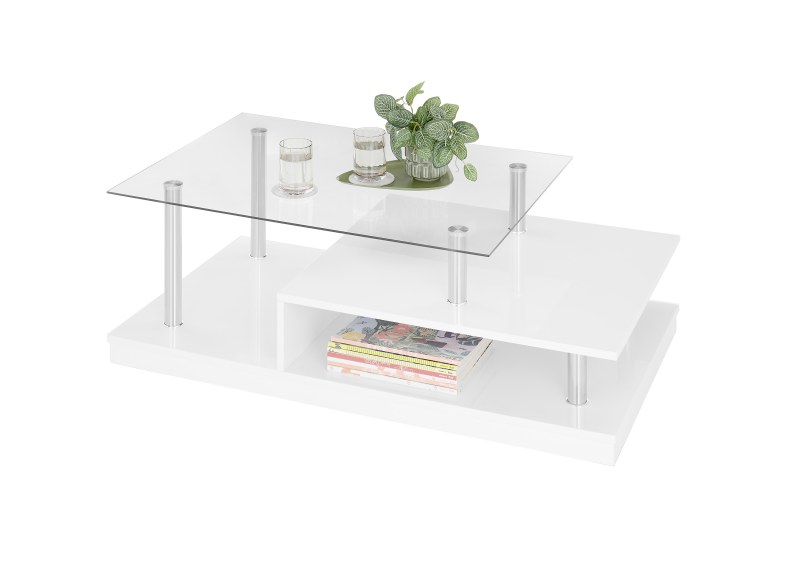Couchtisch - LB ca. 110x60 cm, Glas, Edelstahloptik, Weiß Hochglanz