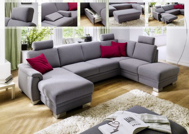 Wohnlandschaft - Longchair mit 2-Sitzer und Ecke rechts, Stoff, Steingrau