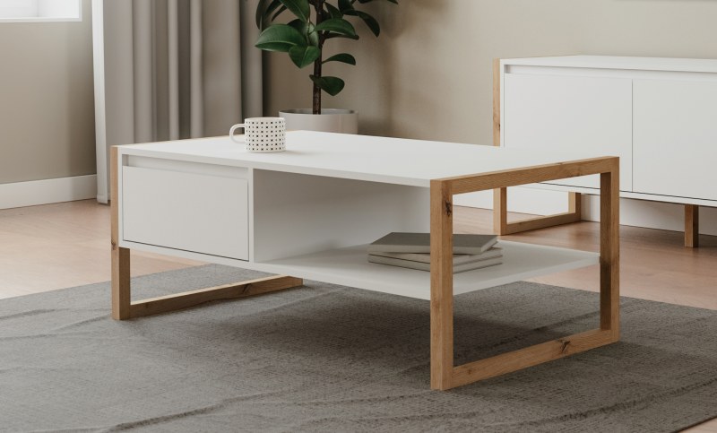 Couchtisch - LB ca. 100x55 cm, Weiß, Artisan Eiche Nachbildung
