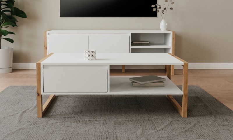 Couchtisch - LB ca. 100x55 cm, Weiß, Artisan Eiche Nachbildung