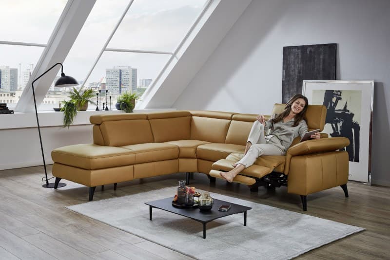 Ecksofa - Ecke links mit 2-Sitzer, Kopfteil/Armteil verstellbar, Relaxfunktion motorisch, Leder, Caramel