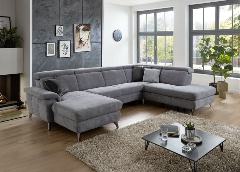 Ecksofa - Longchair links mit 2,5-Sitzer und  Ecke rechts, Stoff, Hellgrau