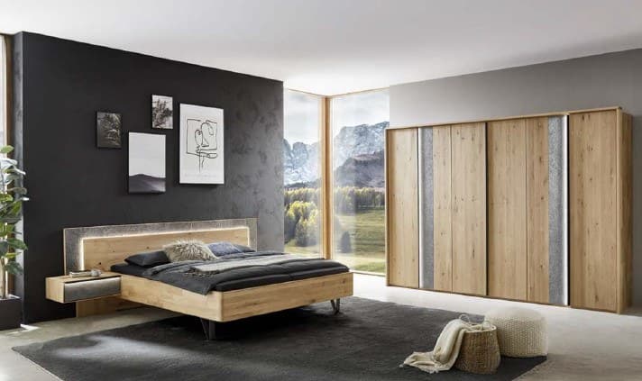 Schlafzimmer - Wildeiche massiv, gebürstet, Akzente Steinfurnier galaxy