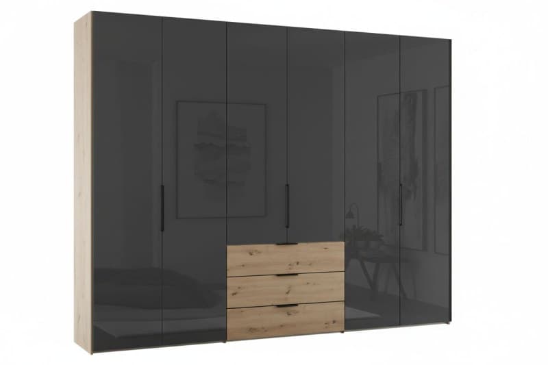 Drehtürenschrank - B ca. 298 cm, Anthrazitglas, Dekor Eiche